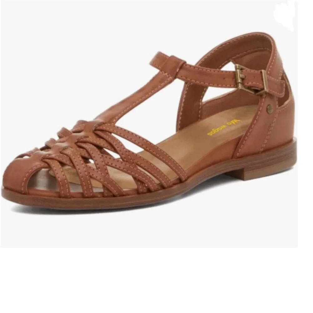 Wo Wagas Brown Round Toe Low Heels Cross Straps Ankle T-Strap Buckles Sandals